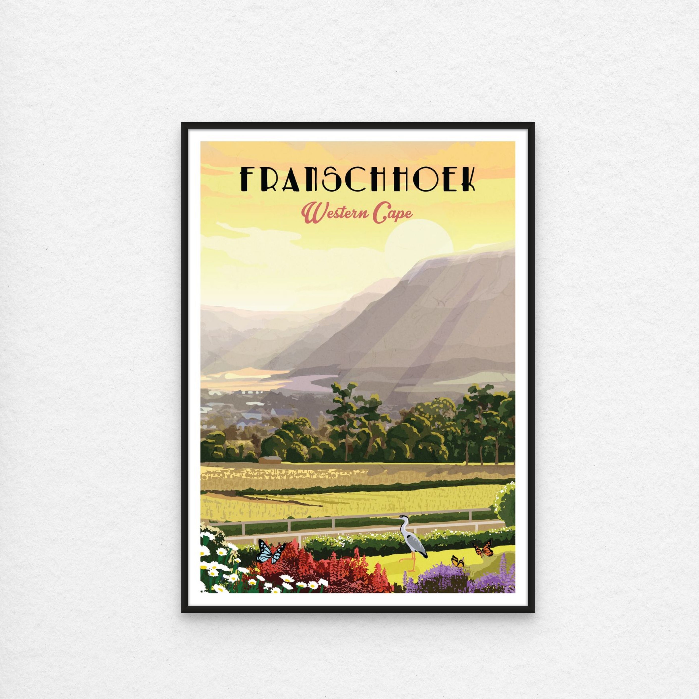 Franschhoek with black frame.Illustrated Franschhoek travel poster featuring South African vineyards, mountain scenery, and Cape Winelands charm – elegant wall art perfect for home decor, wine lovers, and travel art collectors