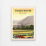 Illustrated Franschhoek travel poster featuring South African vineyards, mountain scenery, and Cape Winelands charm – elegant wall art perfect for home decor, wine lovers, and travel art collectors