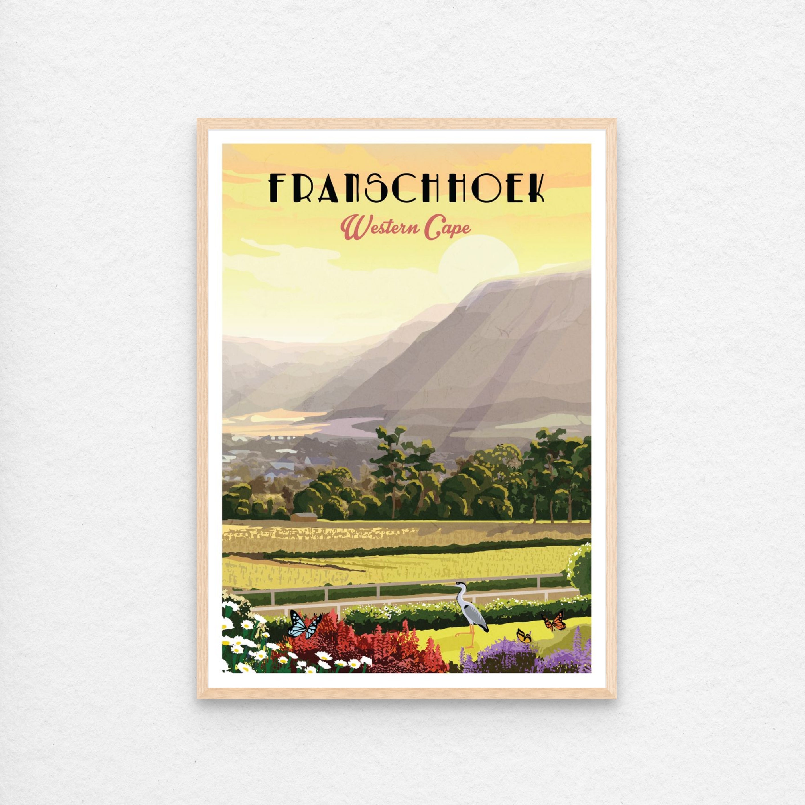 Illustrated Franschhoek travel poster featuring South African vineyards, mountain scenery, and Cape Winelands charm – elegant wall art perfect for home decor, wine lovers, and travel art collectors