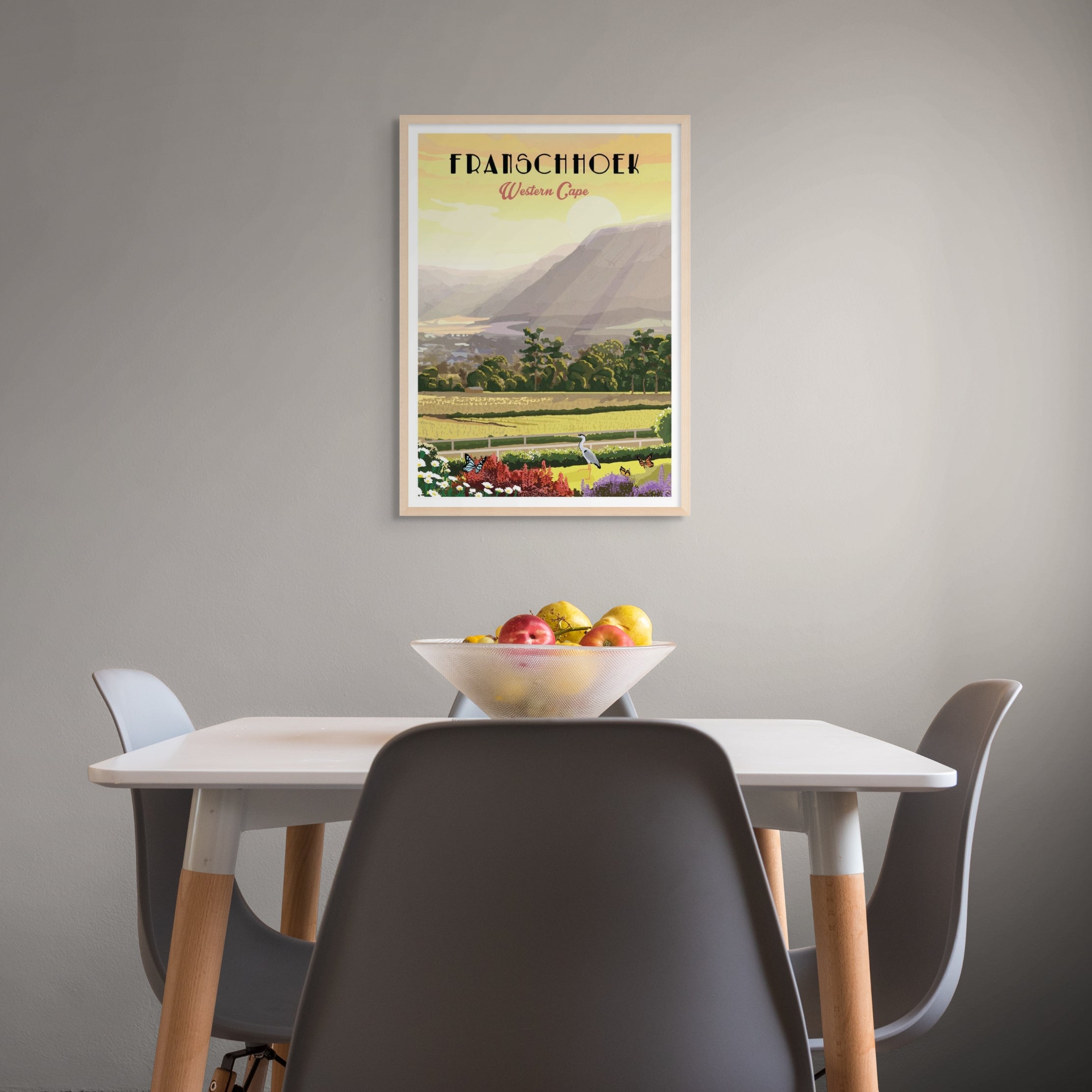 Franschhoek with light wood frame.Illustrated Franschhoek travel poster featuring South African vineyards, mountain scenery, and Cape Winelands charm – elegant wall art perfect for home decor, wine lovers, and travel art collectors