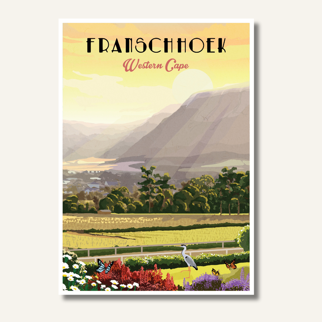 Illustrated Franschhoek travel poster featuring South African vineyards, mountain scenery, and Cape Winelands charm – elegant wall art perfect for home decor, wine lovers, and travel art collectors