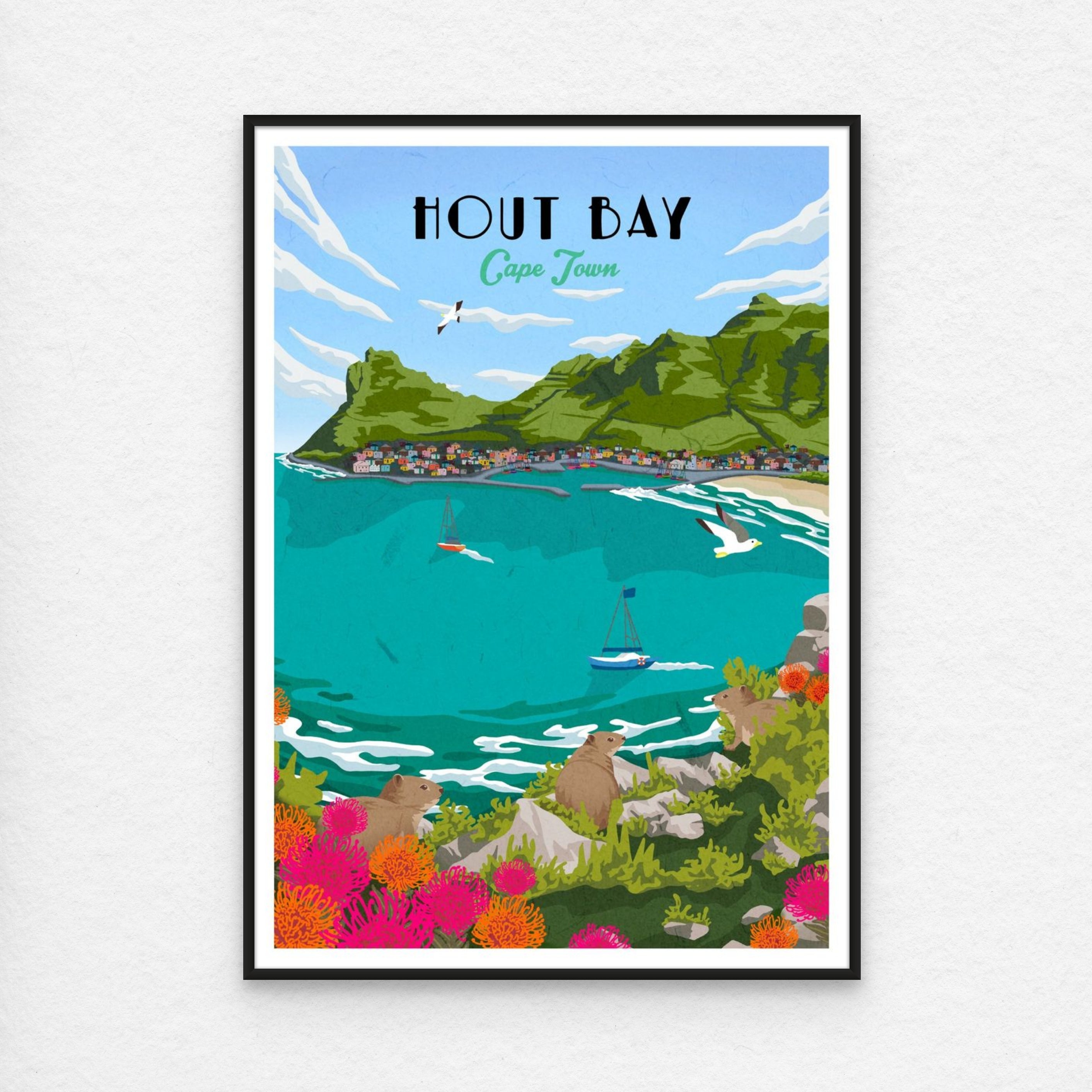 Hout bay travel poster with black frame