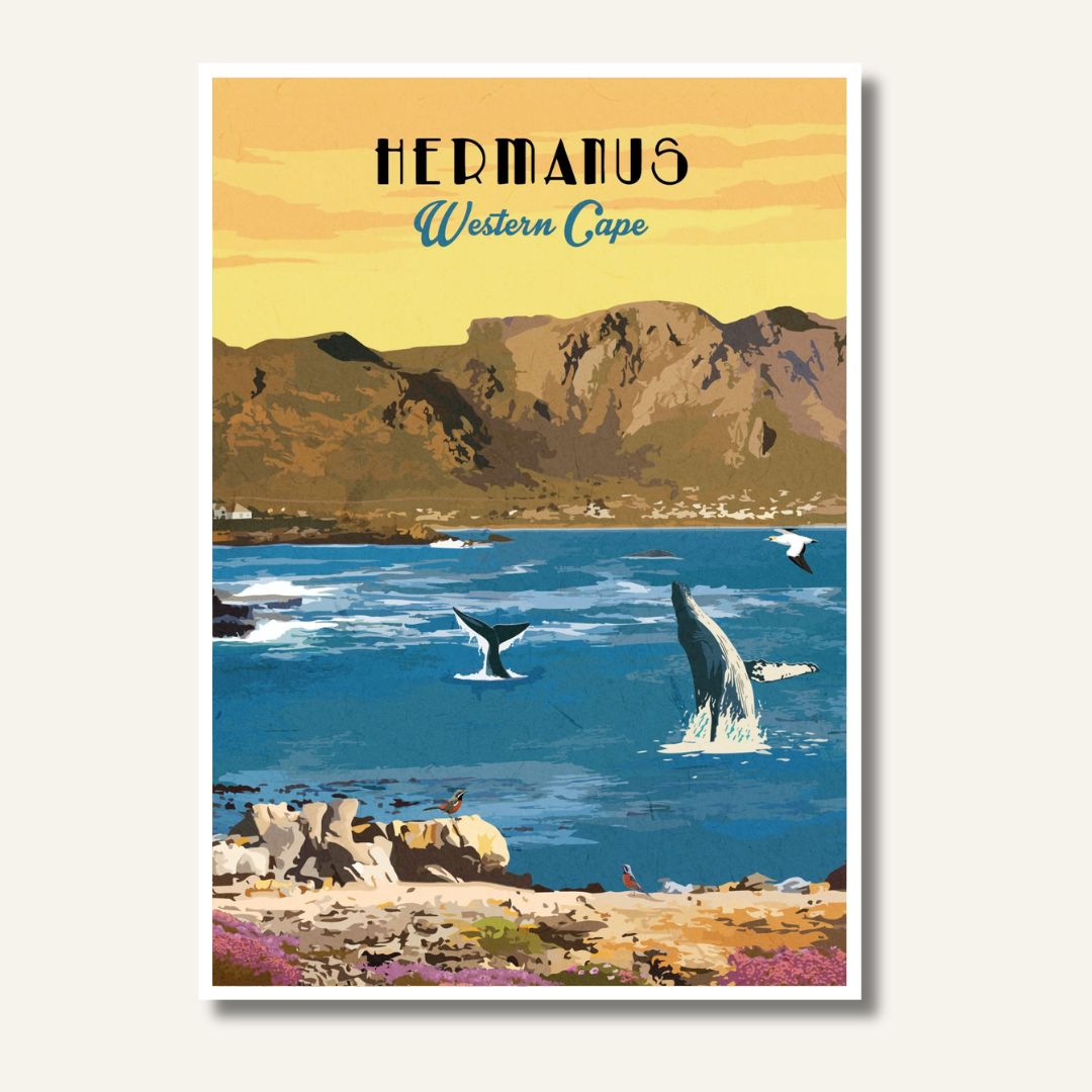 Bring the beauty of the South African coast into your home with our Hermanus art print. This illustrated Hermanus poster features vibrant coastal artwork, perfect as wall art or a travel-inspired print for decor lovers.