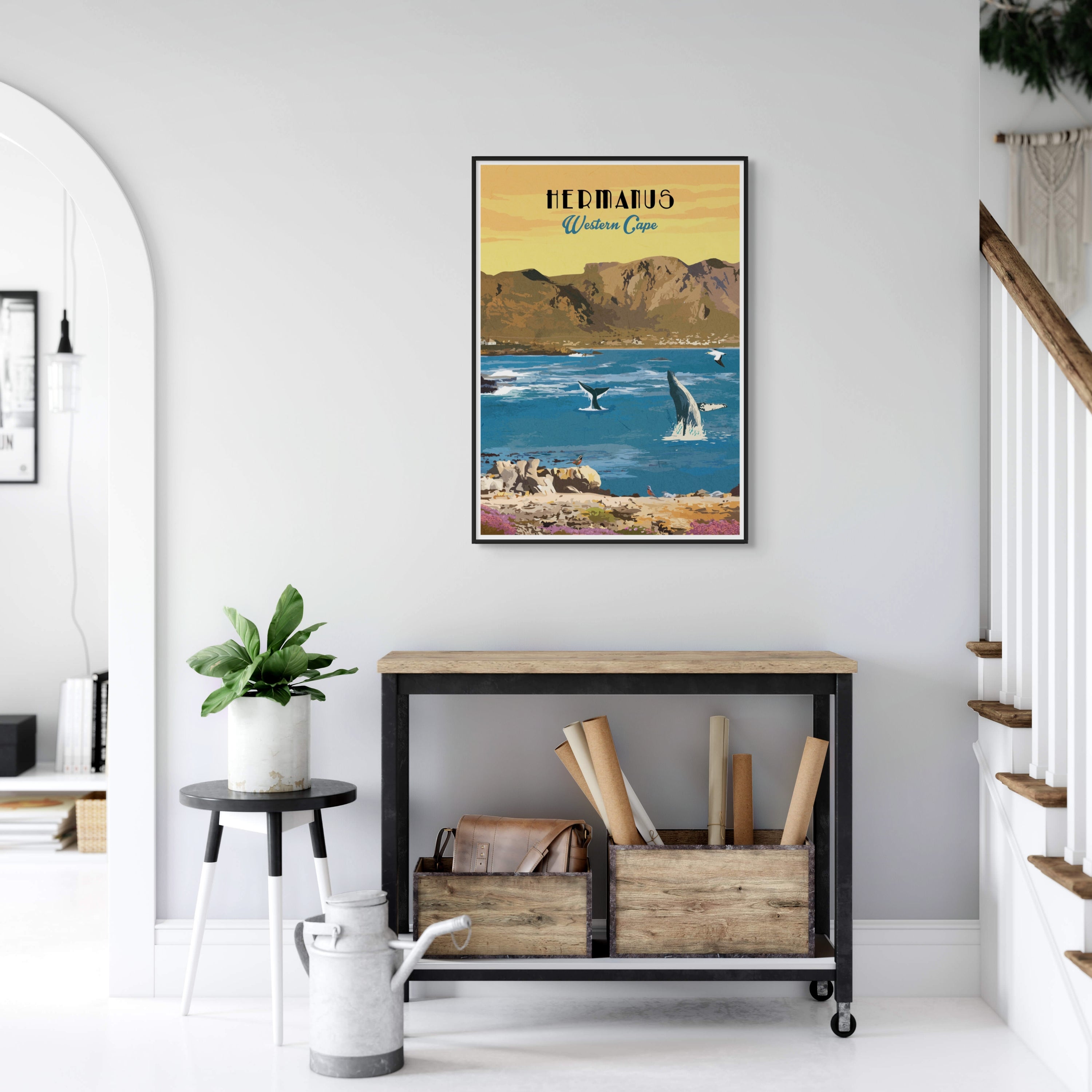 Hermanus poster with a black frame. Hermanus art print – illustrated South African coastal poster, perfect for wall art, home decor, and travel-inspired artwork.