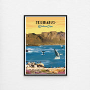 Hermanus poster artwork print with black frame. Hermanus art print – illustrated South African coastal poster, perfect for wall art, home decor, and travel-inspired artwork.