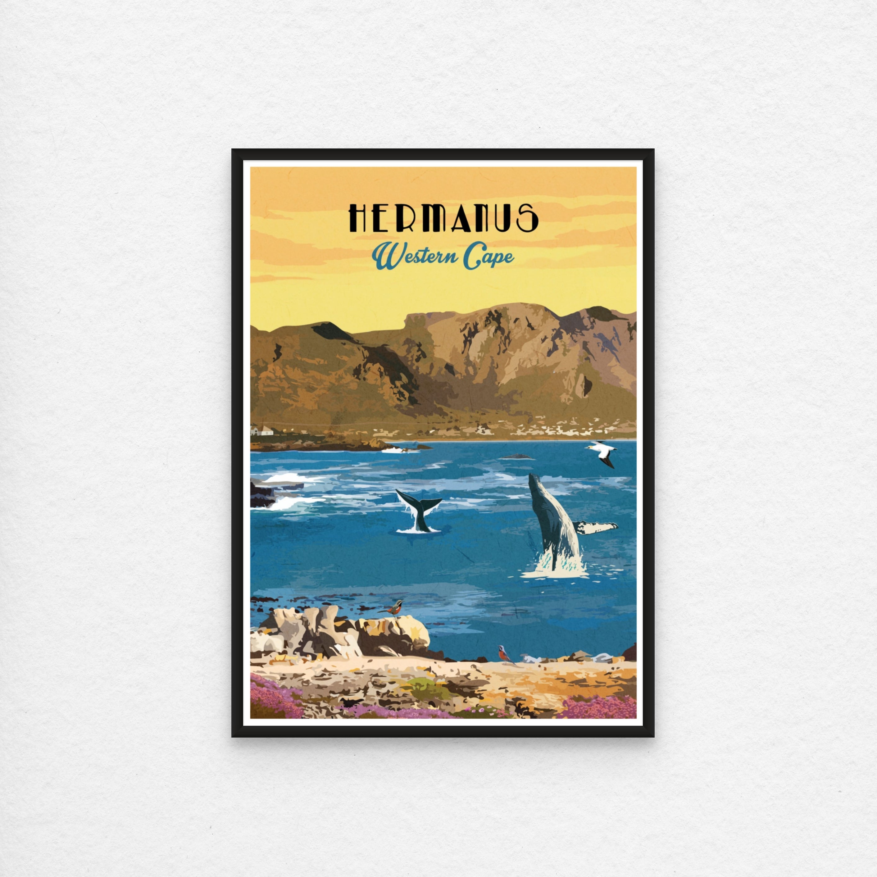 Hermanus poster artwork print with black frame. Hermanus art print – illustrated South African coastal poster, perfect for wall art, home decor, and travel-inspired artwork.