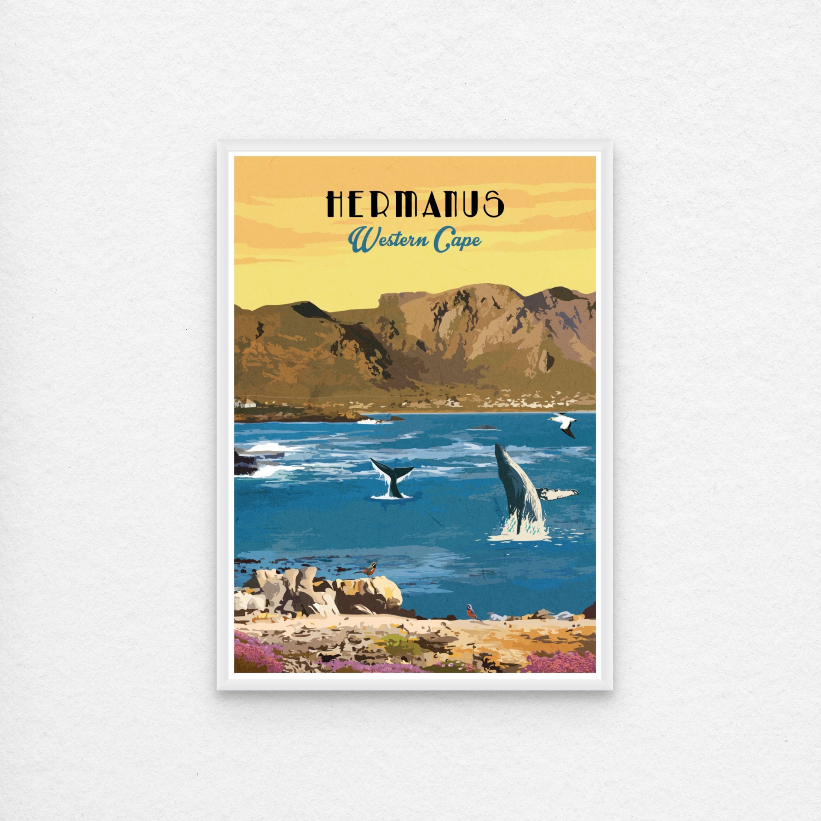Hermanus poster art with white frame. Hermanus art print – illustrated South African coastal poster, perfect for wall art, home decor, and travel-inspired artwork.