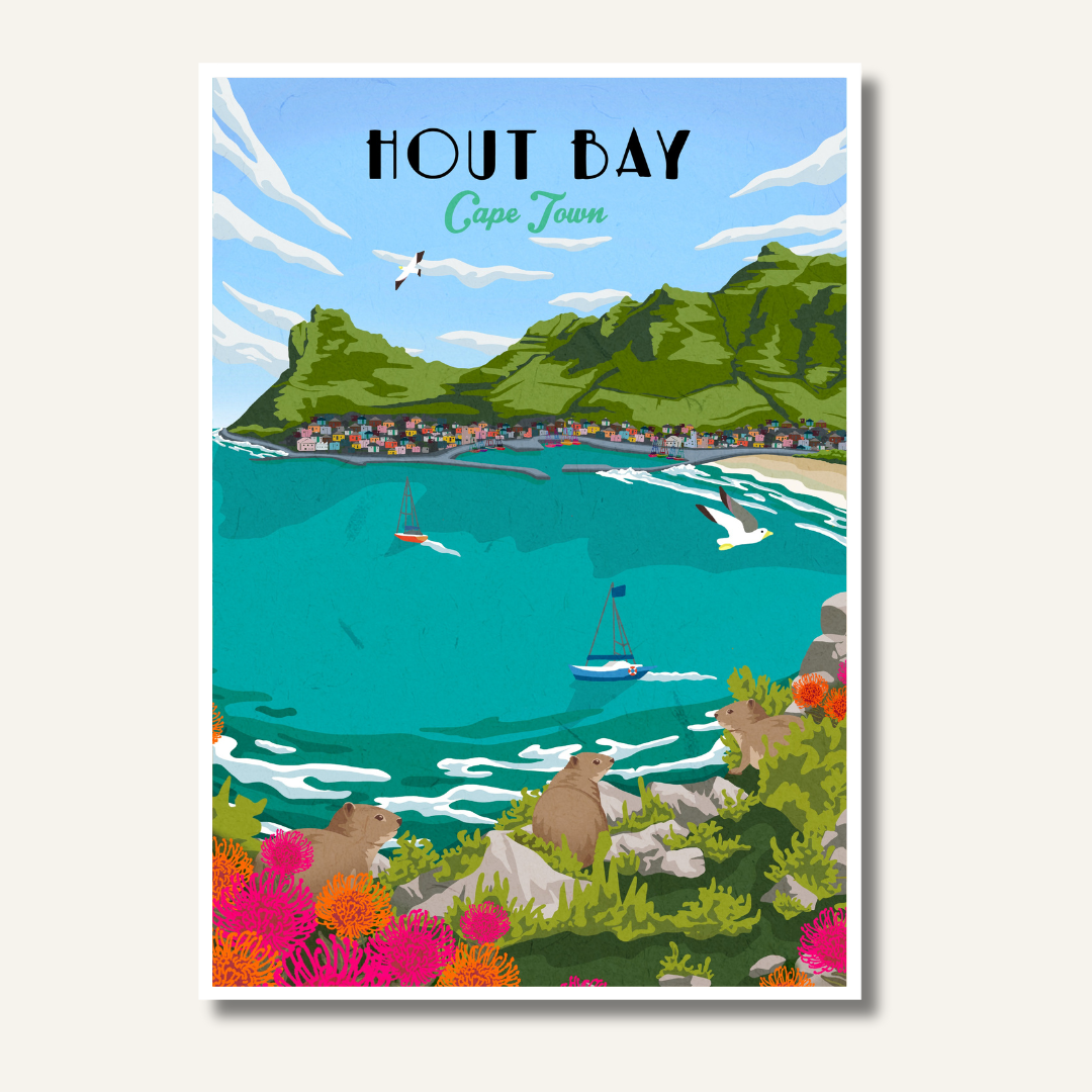 Hout Bay art print – illustrated South African coastal poster featuring mountains and harbour, ideal for wall art and home decor.
