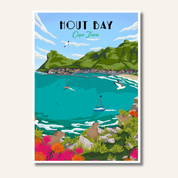 Hout Bay art print – illustrated South African coastal poster featuring mountains and harbour, ideal for wall art and home decor.