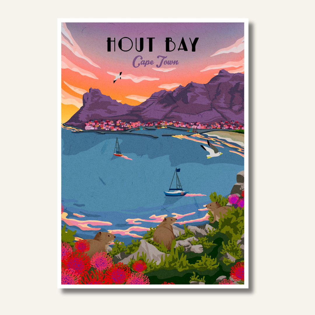 Hout Bay sunset art print – illustrated coastal wall art featuring vibrant sunset over mountains and harbour, perfect for home decor.