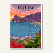 Hout Bay sunset art print – illustrated coastal wall art featuring vibrant sunset over mountains and harbour, perfect for home decor.