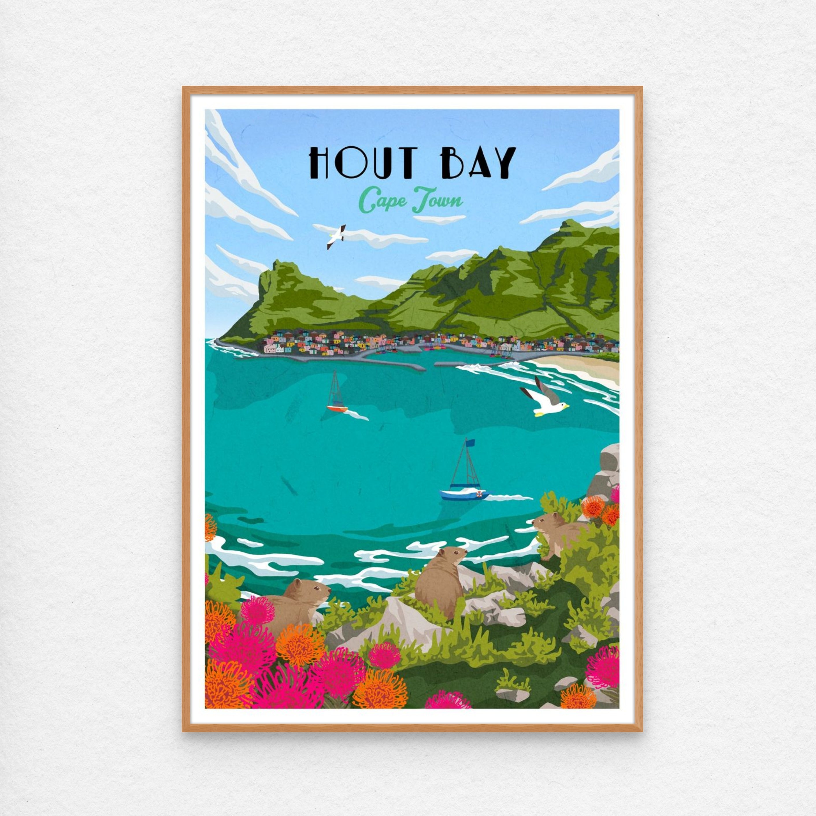 Hout Bay poster artwork print with kiaat wood frame for wall art decor