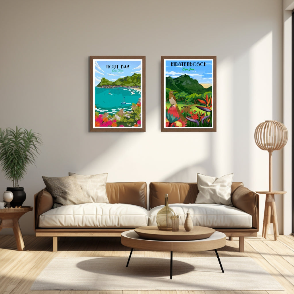 Hout Bay art print – illustrated South African coastal poster featuring mountains and harbour, ideal for wall art and home decor.