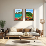 Hout Bay art print – illustrated South African coastal poster featuring mountains and harbour, ideal for wall art and home decor.
