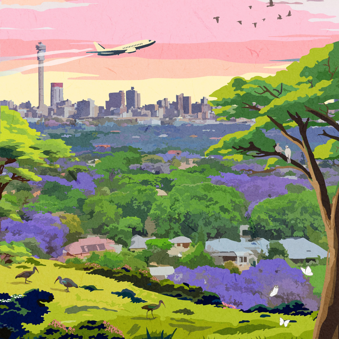 Johannesburg art print – illustrated cityscape poster featuring skyline and urban landmarks, ideal for wall art and modern home decor.