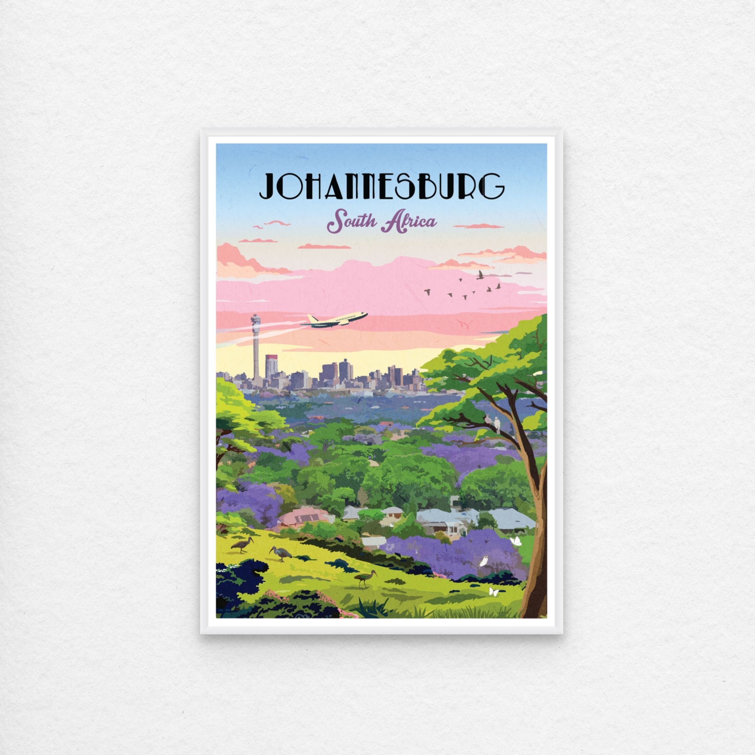 Johannesburg art print – illustrated cityscape poster featuring skyline and urban landmarks, ideal for wall art and modern home decor.

