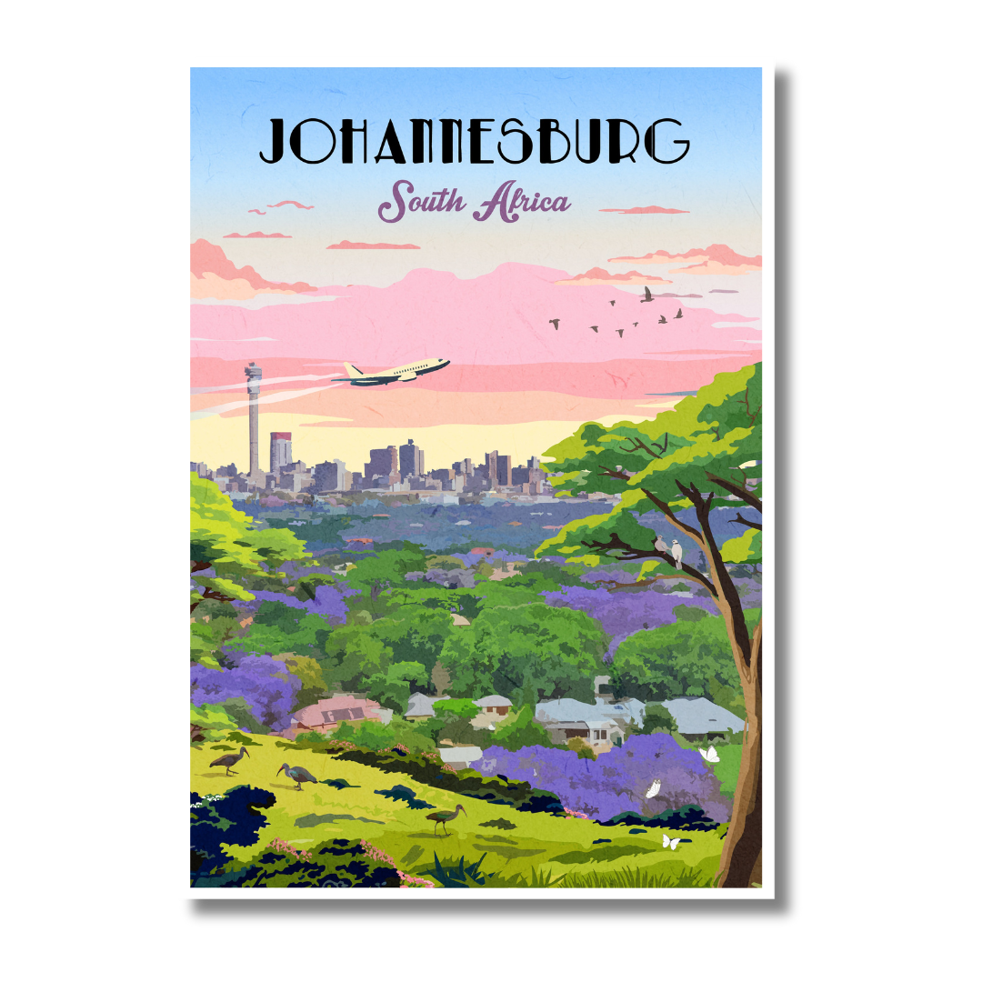 Johannesburg art print – illustrated cityscape poster featuring skyline and urban landmarks, ideal for wall art and modern home decor.