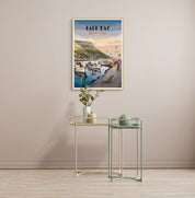 Kalk Bay art print – illustrated coastal poster with fishing boats and colourful buildings, perfect wall art for home decor and travel lovers.