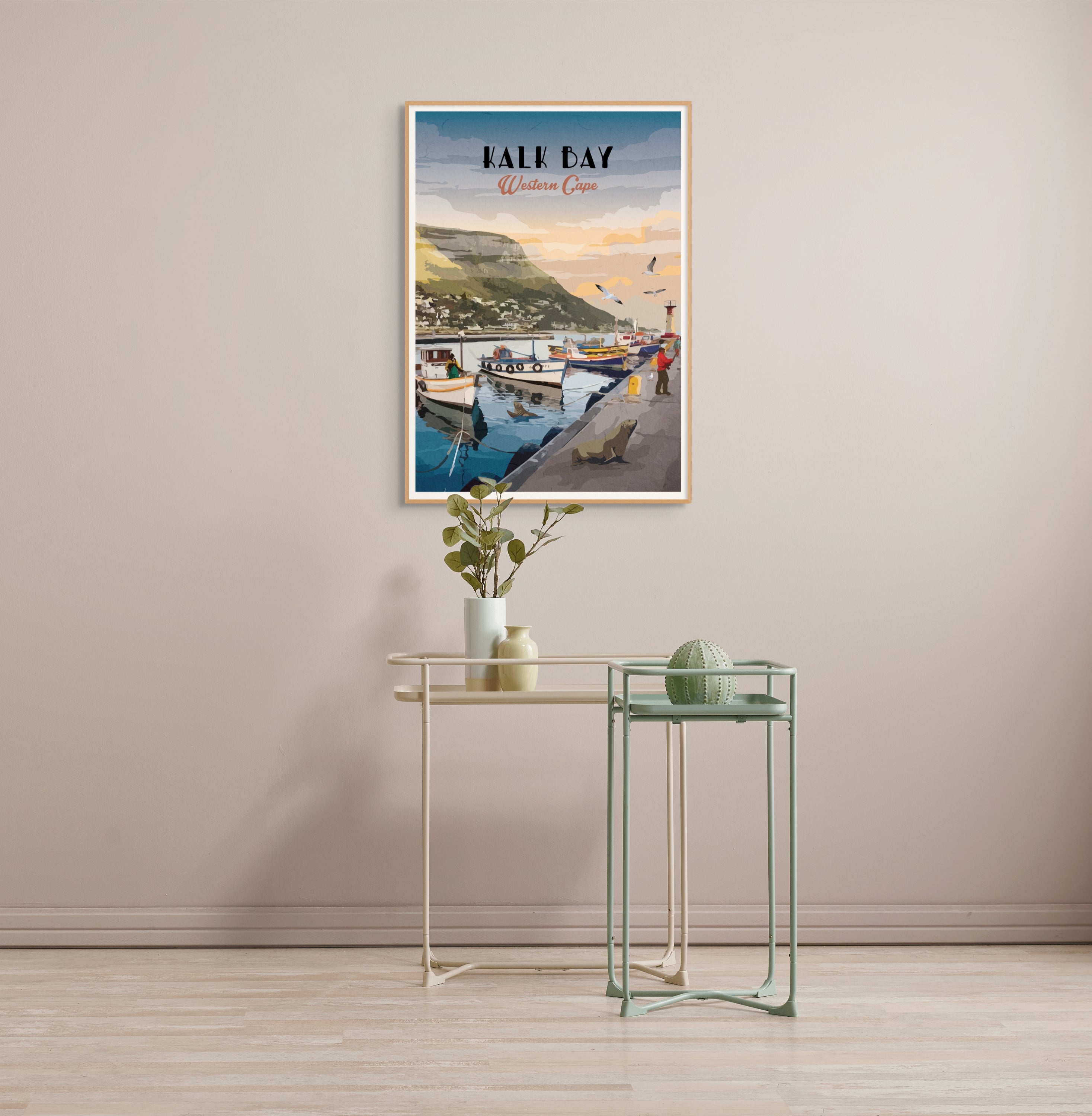 Kalk Bay art print – illustrated coastal poster with fishing boats and colourful buildings, perfect wall art for home decor and travel lovers.