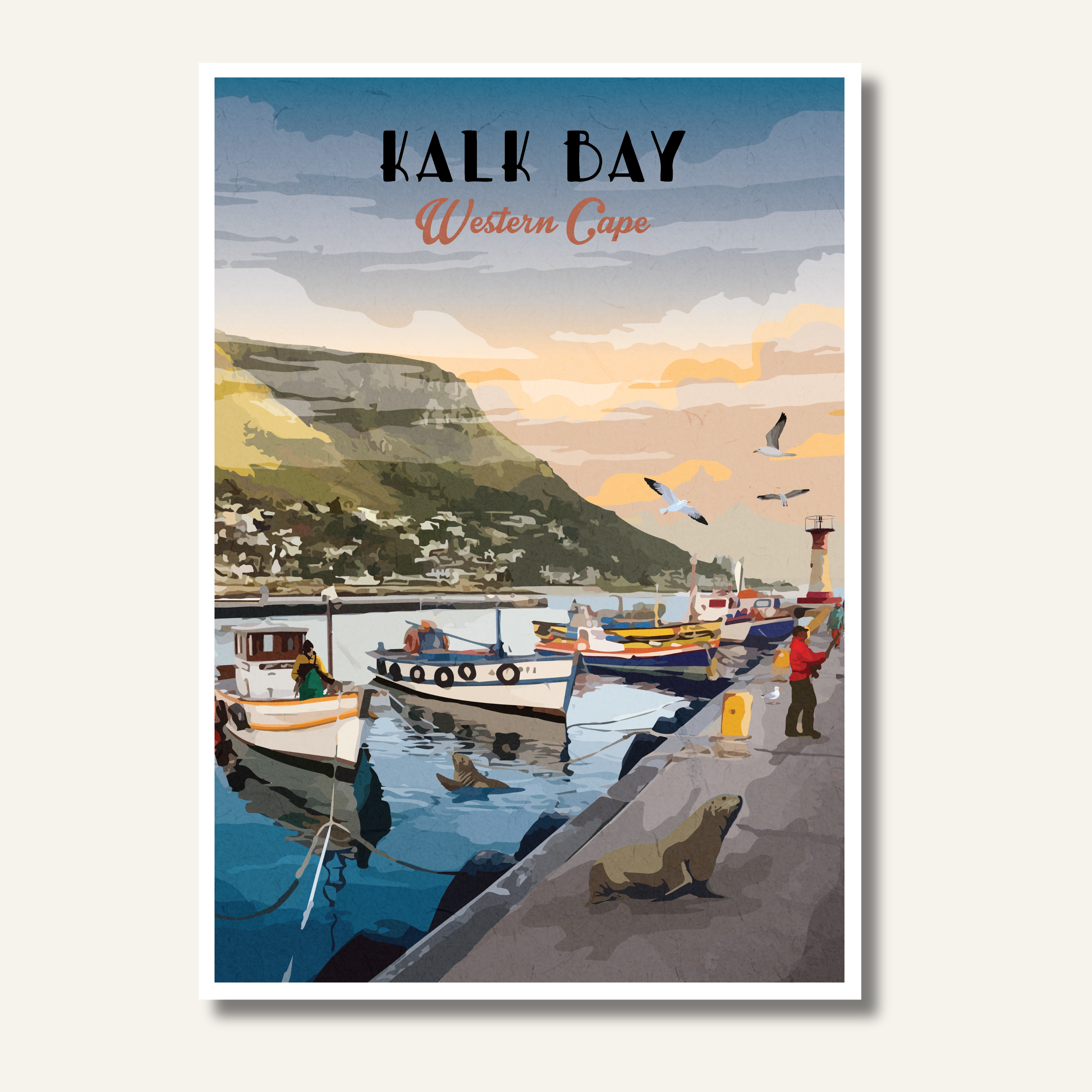 Kalk Bay art print – illustrated coastal poster with fishing boats and colourful buildings, perfect wall art for home decor and travel lovers.