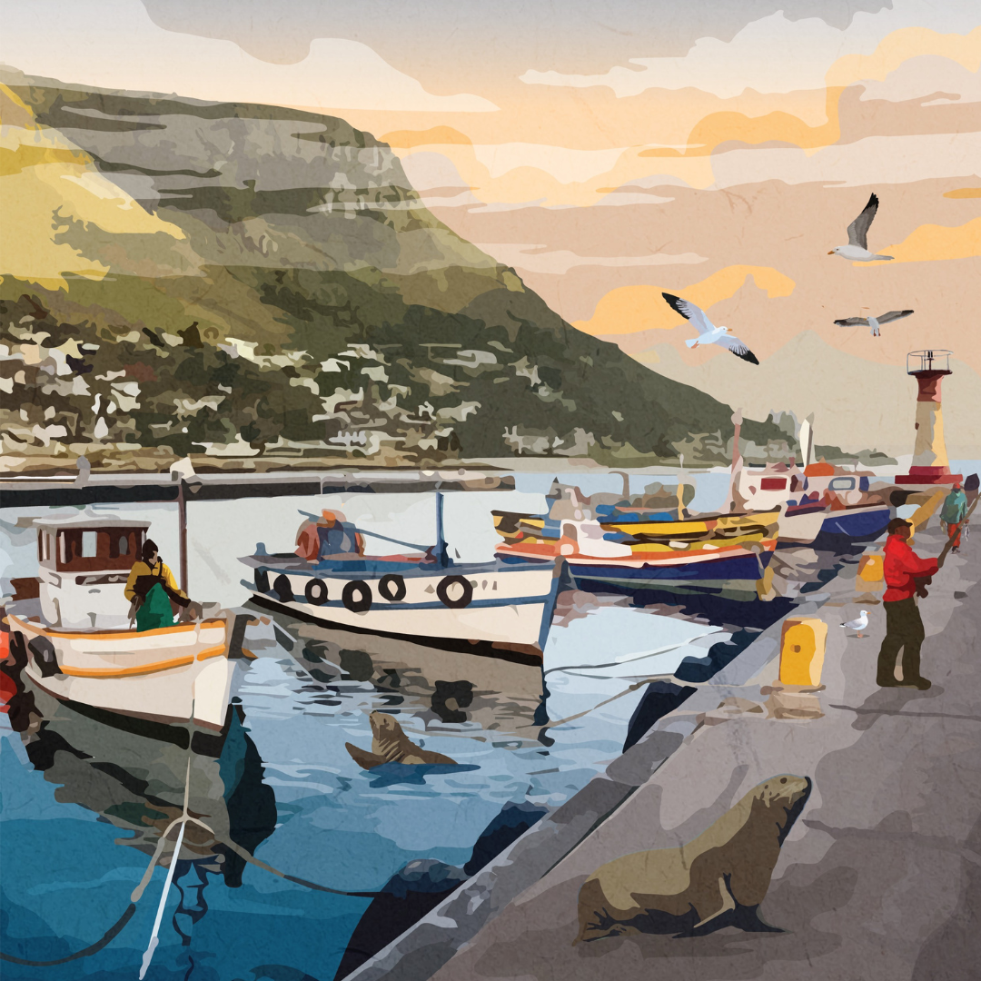 Kalk Bay art print – illustrated coastal poster with fishing boats and colourful buildings, perfect wall art for home decor and travel lovers.