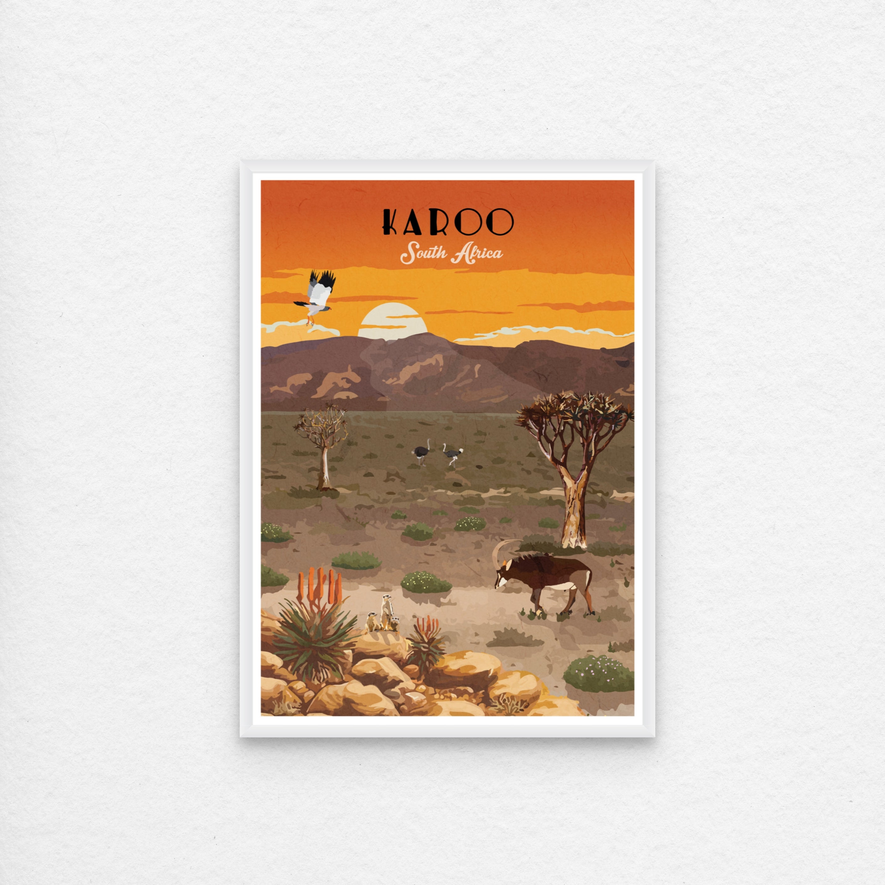 karoo poster with white frame. Karoo art print – illustrated South African landscape poster with semi-desert scenery, perfect wall art for rustic home decor and travel lovers.