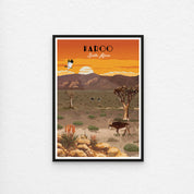 karoo poster with black frame. Karoo art print – illustrated South African landscape poster with semi-desert scenery, perfect wall art for rustic home decor and travel lovers.