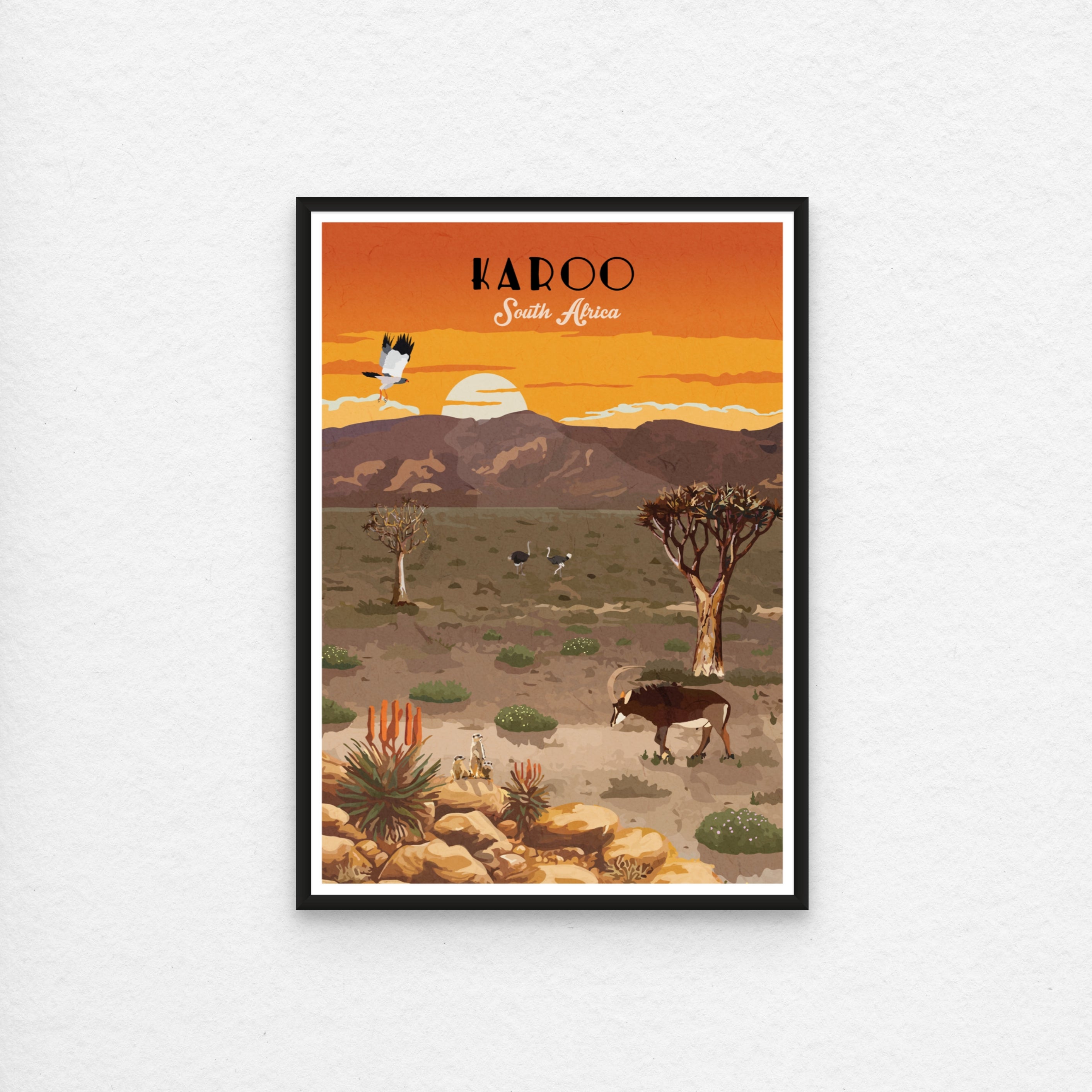 karoo poster with black frame. Karoo art print – illustrated South African landscape poster with semi-desert scenery, perfect wall art for rustic home decor and travel lovers.
