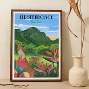 Kirstenbosch art print – illustrated botanical garden poster with mountain views and lush plants, ideal wall art for nature lovers and home decor.