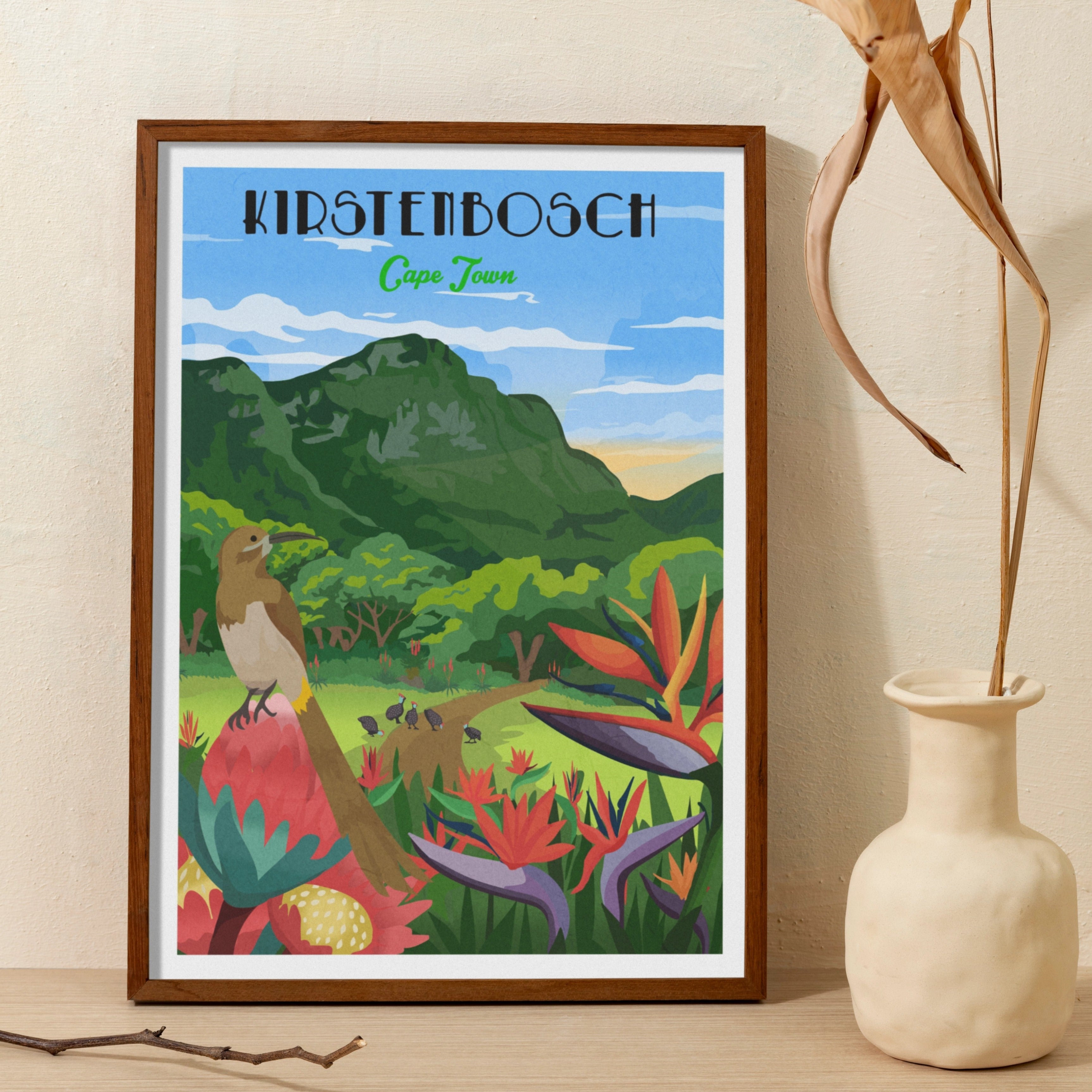 Kirstenbosch art print – illustrated botanical garden poster with mountain views and lush plants, ideal wall art for nature lovers and home decor.