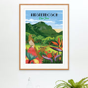Kirstenbosch poster. Kirstenbosch art print – illustrated botanical garden poster with mountain views and lush plants, ideal wall art for nature lovers and home decor.