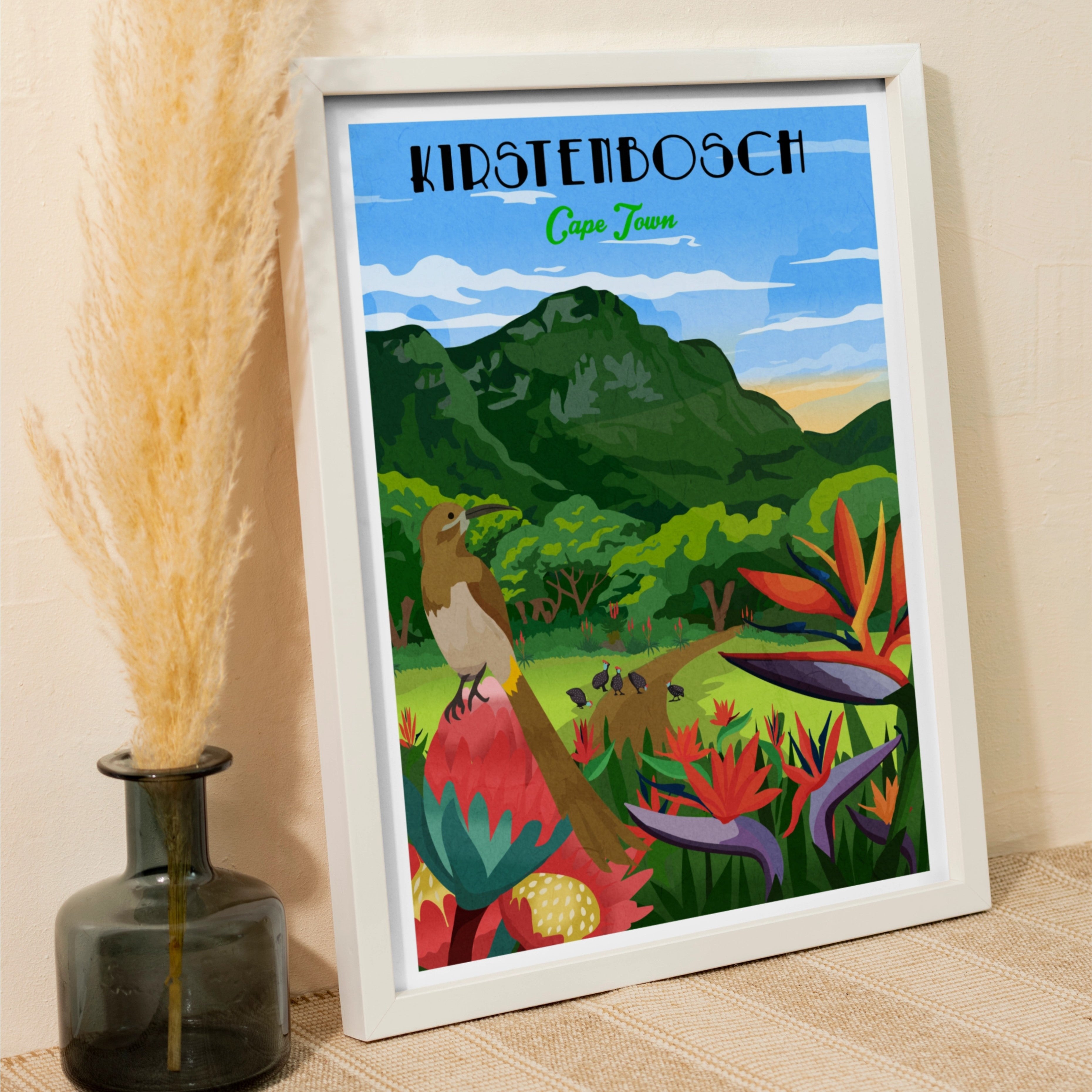 framed Kirstenbosch poster wall art. Kirstenbosch art print – illustrated botanical garden poster with mountain views and lush plants, ideal wall art for nature lovers and home decor.