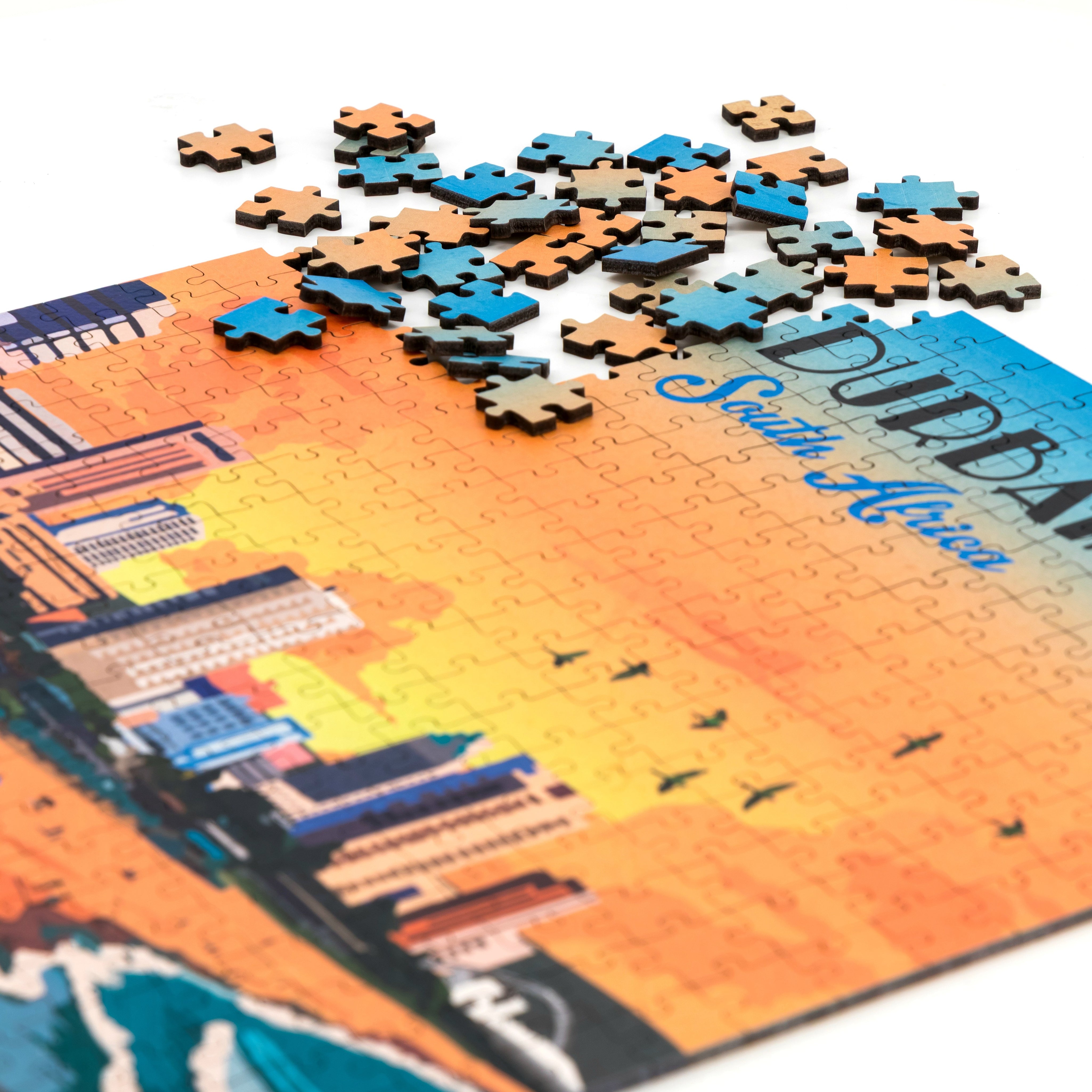 Jigsaw puzzle with completed pieces on a map of Durban South Africa