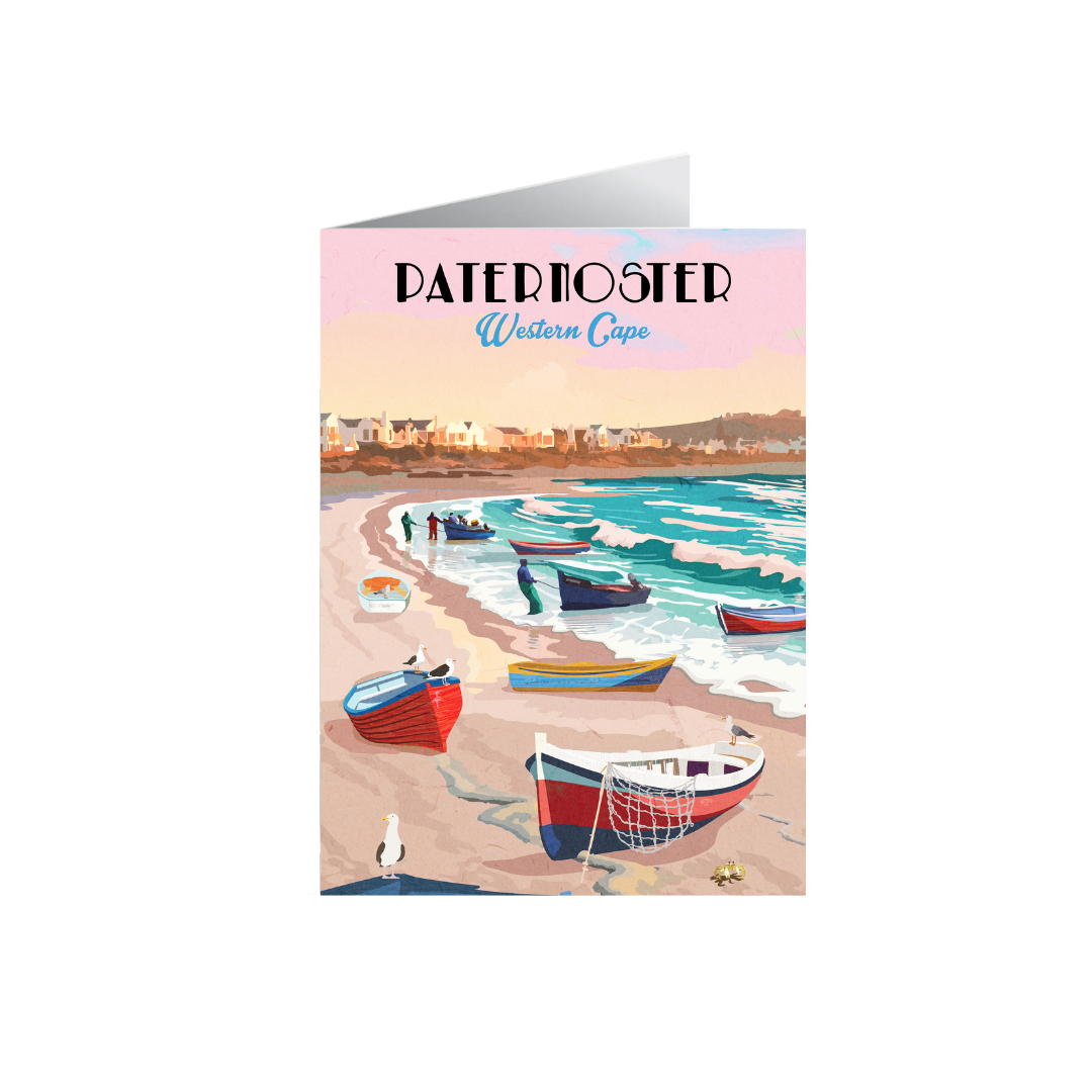 Greeting card with a beach scene and boats, of Paternoster