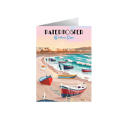 Greeting card with a beach scene and boats, of Paternoster