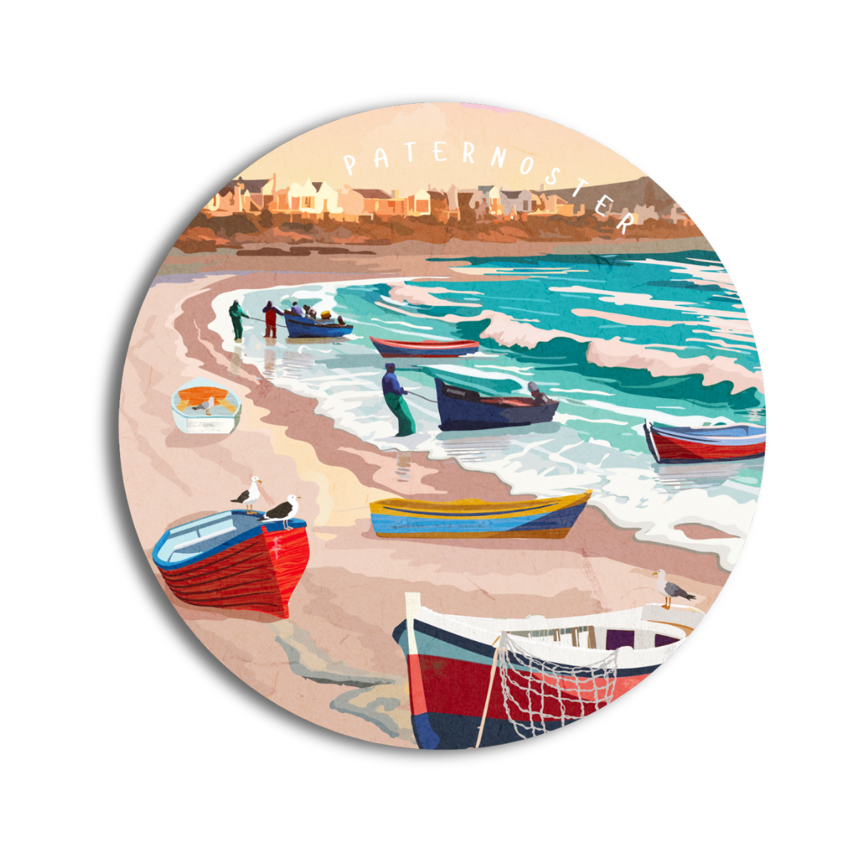 Paternoster coaster with artwork of a coastal scene with boats and people on a beach.