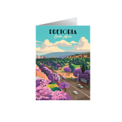 Greeting card with a scenic illustration of Pretoria, South Africa, featuring a road with trees and buildings.