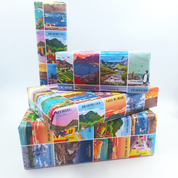 Roam Wrapping Paper – vibrant and colourful gift wrap featuring 26 unique South African travel poster designs. Perfect for adding an artistic touch to gifts, ideal for design lovers, travellers, and creative home decor