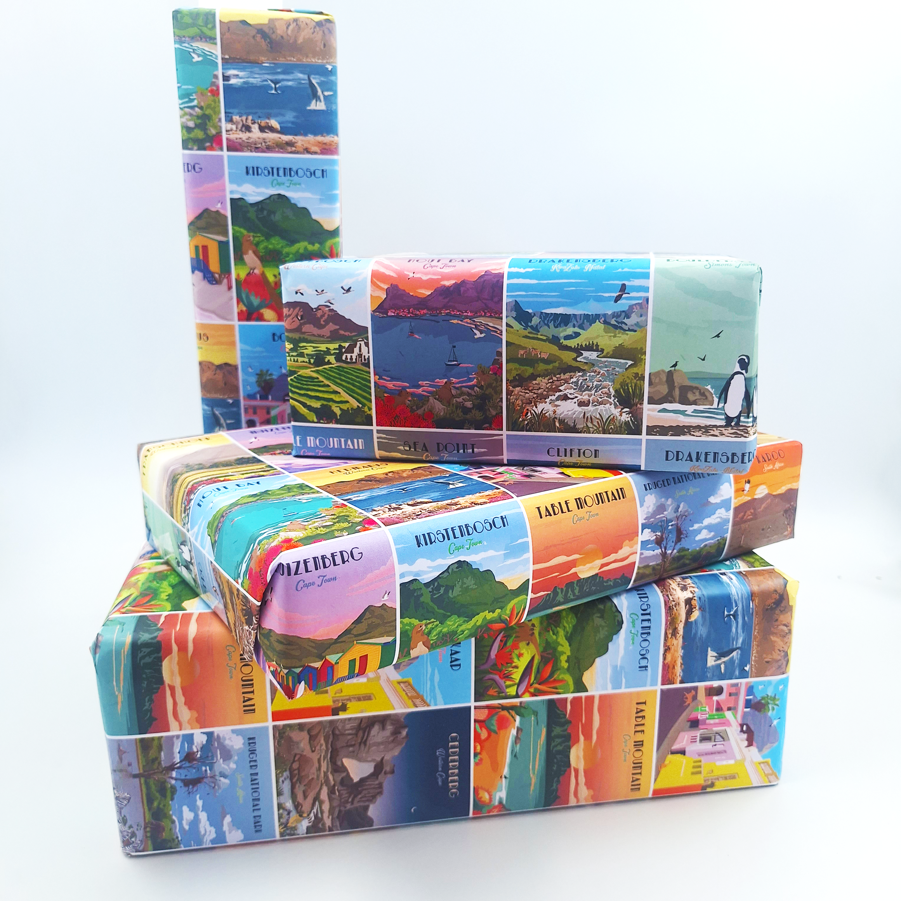 Roam Wrapping Paper – vibrant and colourful gift wrap featuring 26 unique South African travel poster designs. Perfect for adding an artistic touch to gifts, ideal for design lovers, travellers, and creative home decor