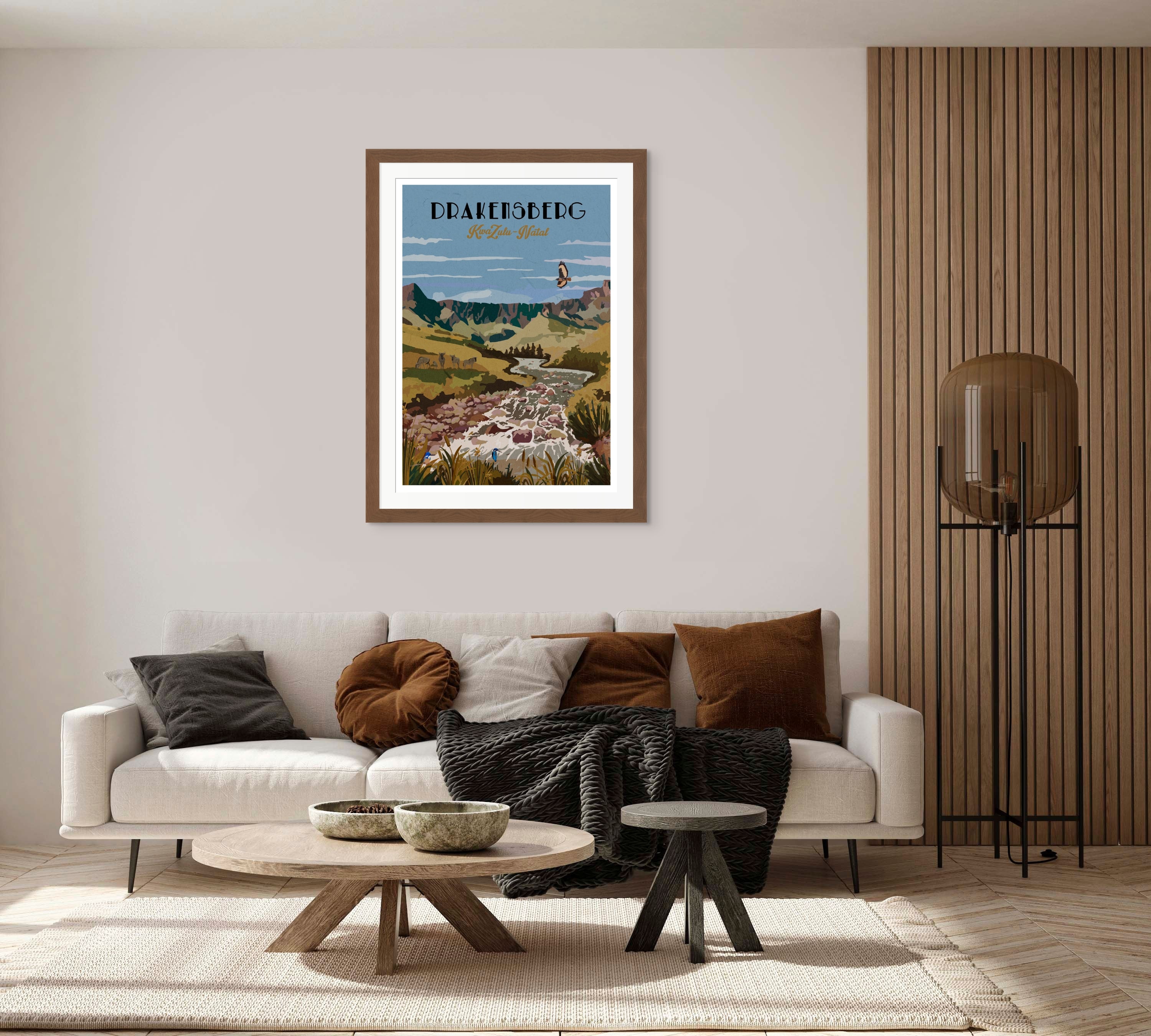 Illustrated Drakensberg poster artwork featuring the Amphitheatre in autumn – South African mountain landscape wall art, perfect for nature-inspired home decor, travel art collectors, hikers, and outdoor adventure lovers.
