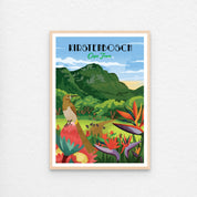 Kirstenbosch botanical garden natural wood framed travel poster art. Kirstenbosch art print – illustrated botanical garden poster with mountain views and lush plants, ideal wall art for nature lovers and home decor.