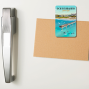 Magnet with a scenic design of a pier and 'Port Elizabeth' text on a white fridge