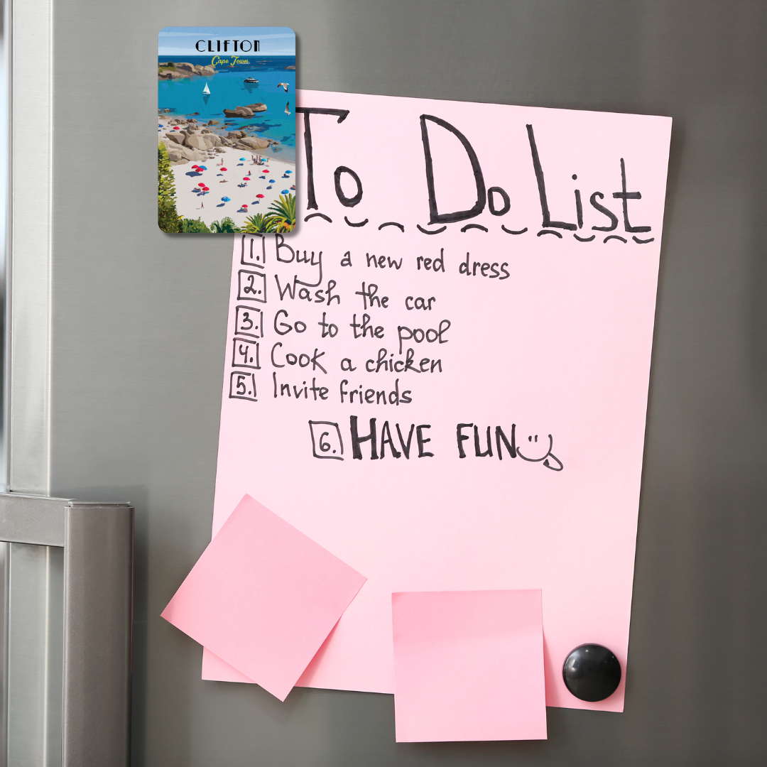 Pink 'To Do List' on a refrigerator with a magnet of Clifton and post-it notes.