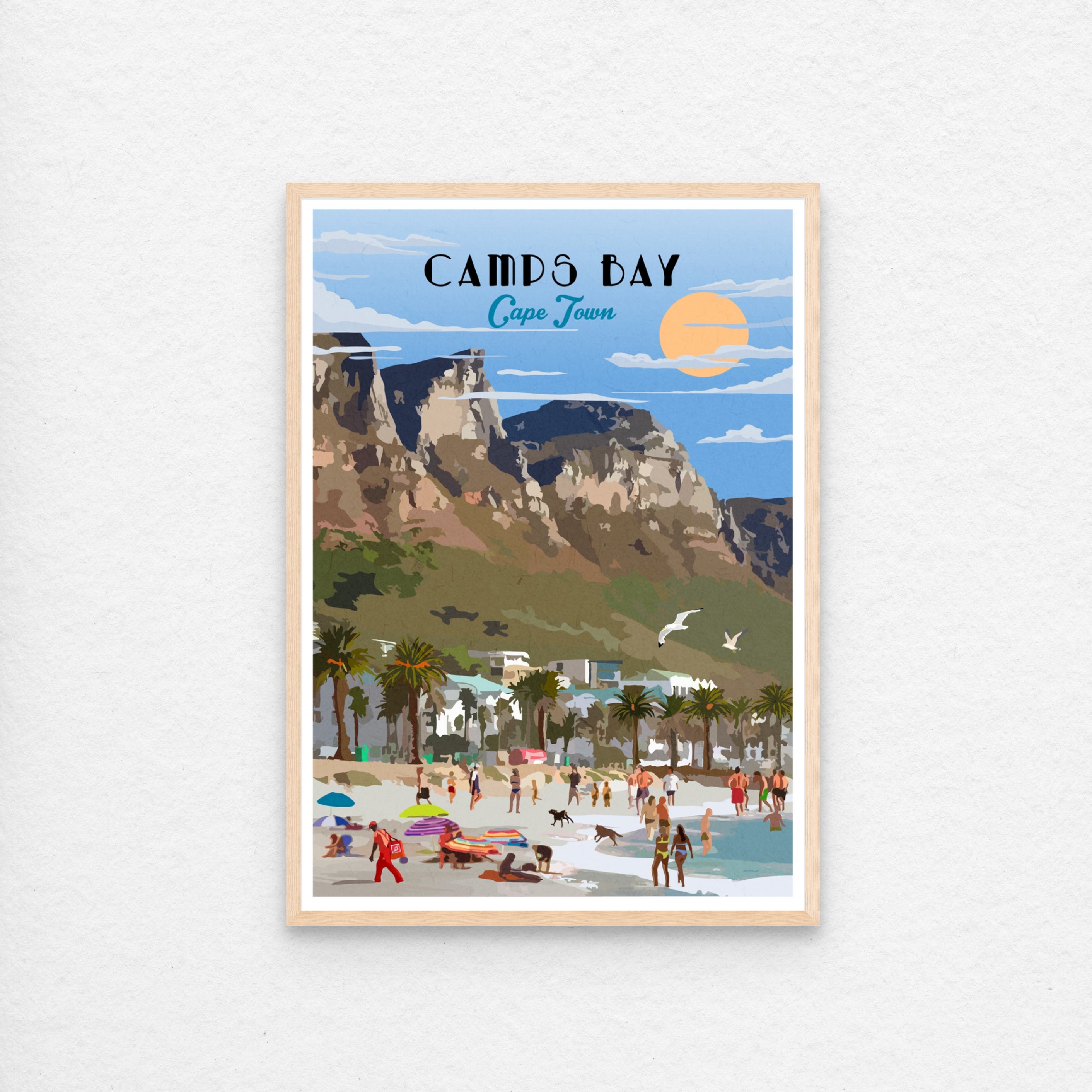Roam Camps Bay Cape Town South Africa Beach Illustrated Travel Poster Print With Natural Wood Frame