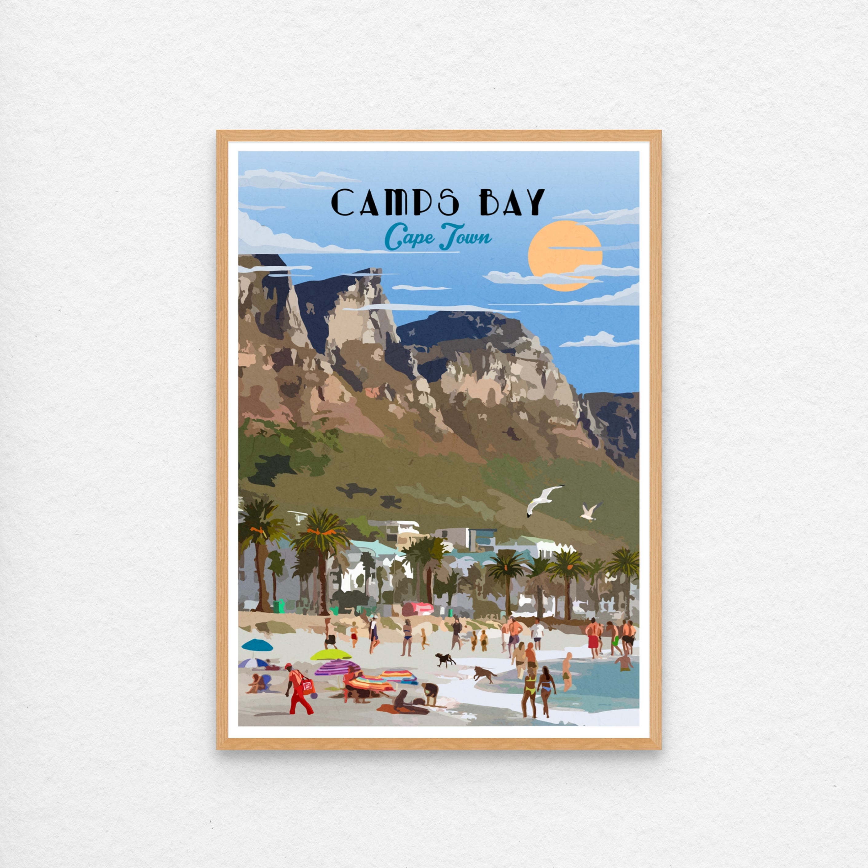 Roam Camps Bay Cape Town South Africa Beach Illustrated Travel Poster Print With A Kiaat Wood Frame