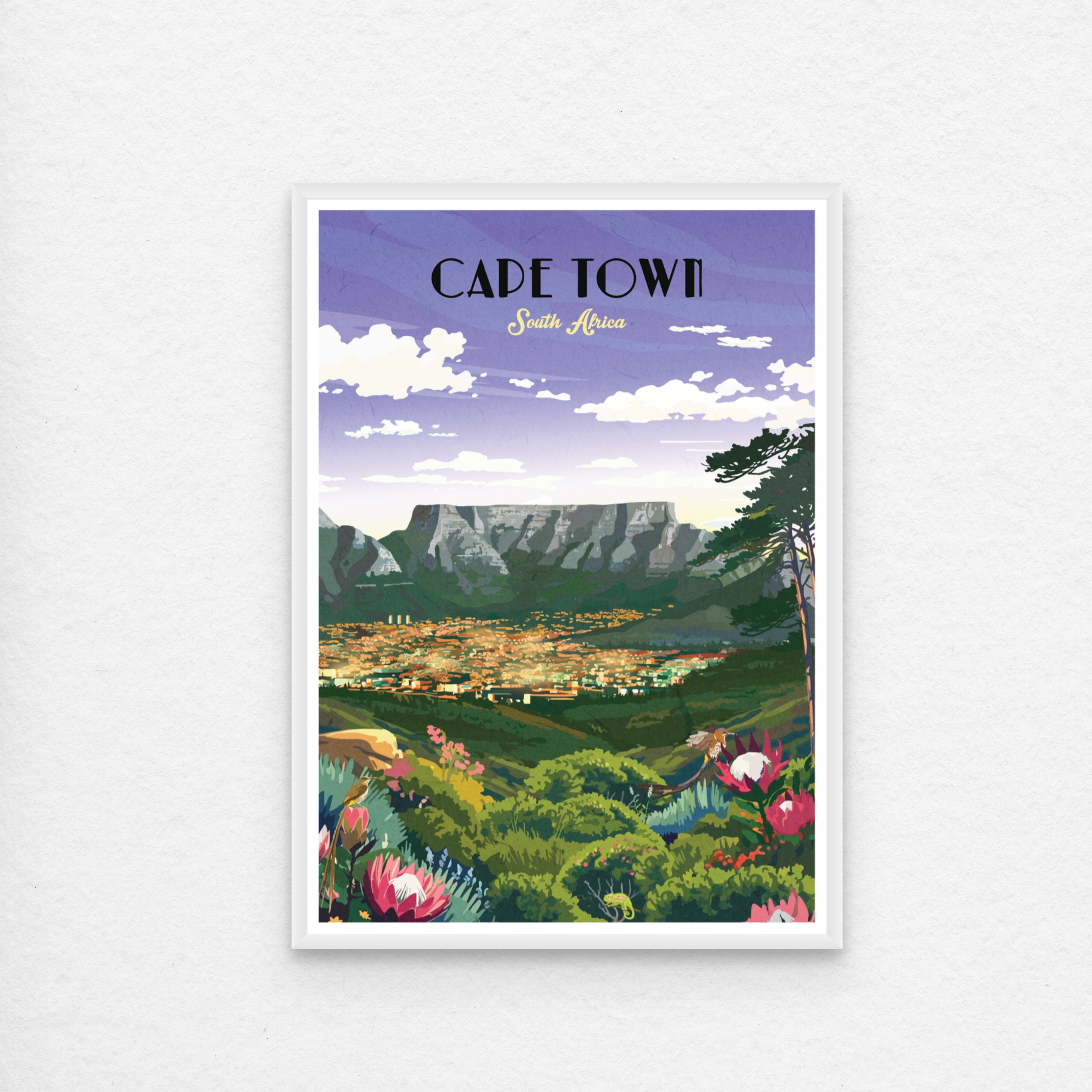 Framed artwork of Cape Town with mountains and flowers 