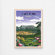 Framed artwork of Cape Town with mountains and cityscape on a purple background