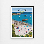 Clifton poster with black frame. Clifton travel poster artwork featuring Cape Town’s iconic beaches and turquoise waters – South African wall art ideal for coastal home decor and beach lovers.