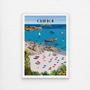 Clifton poster with white frame. Clifton travel poster artwork featuring Cape Town’s iconic beaches and turquoise waters – South African wall art ideal for coastal home decor and beach lovers.