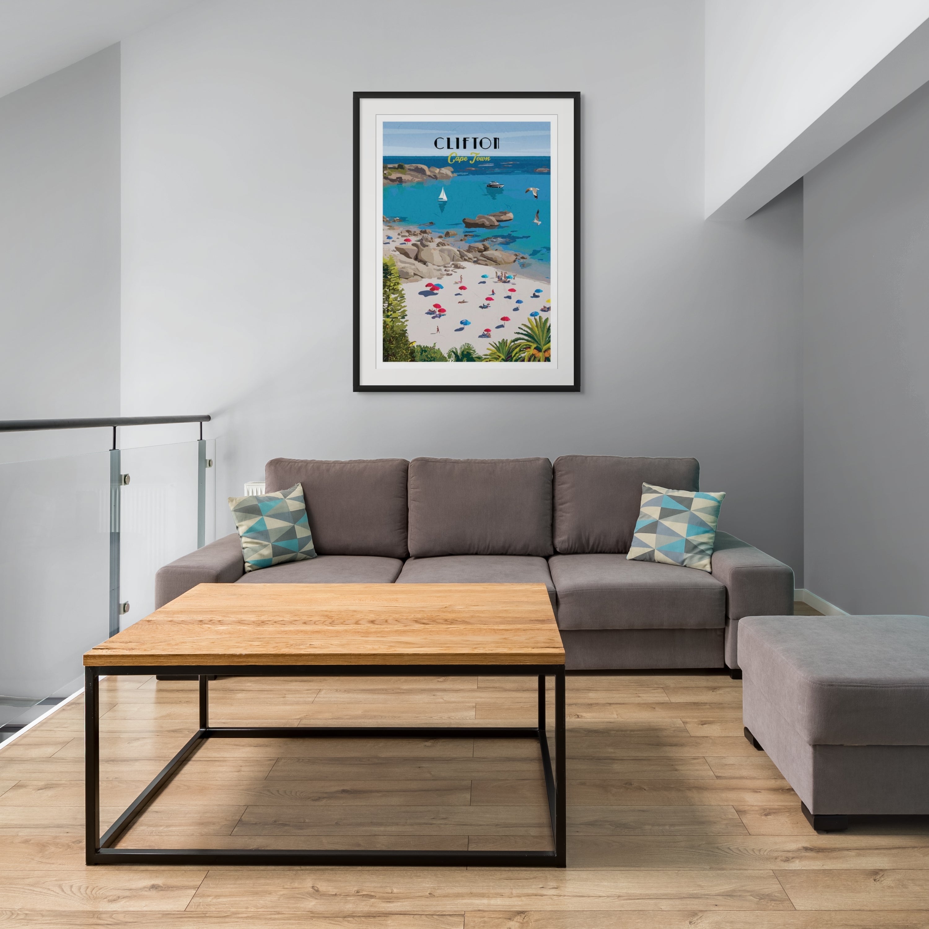 Framed clifton poster. Clifton travel poster artwork featuring Cape Town’s iconic beaches and turquoise waters – South African wall art ideal for coastal home decor and beach lovers.